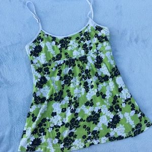 y2k lime green tank with white and blue flowers